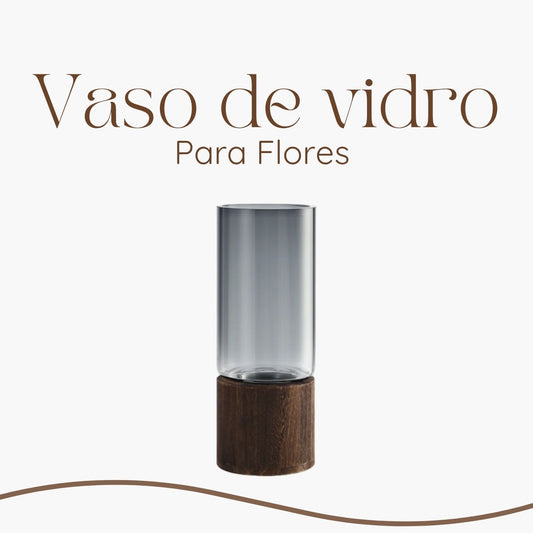 Vaso de vidro decorativo com base de madeira